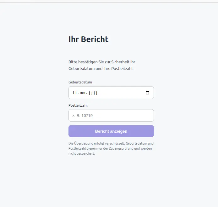 Zugangsseite des Patientenportals: Abfrage von Geburtsdatum und Postleitzahl, um den Bericht zu öffnen