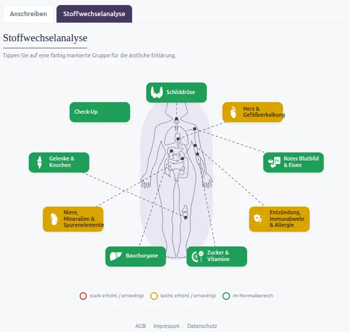 Bericht im Patientenportal: Körperschema mit farblich bewerteten Organgruppen wie Schilddrüse, Herz & Gefäße und Rotes Blutbild