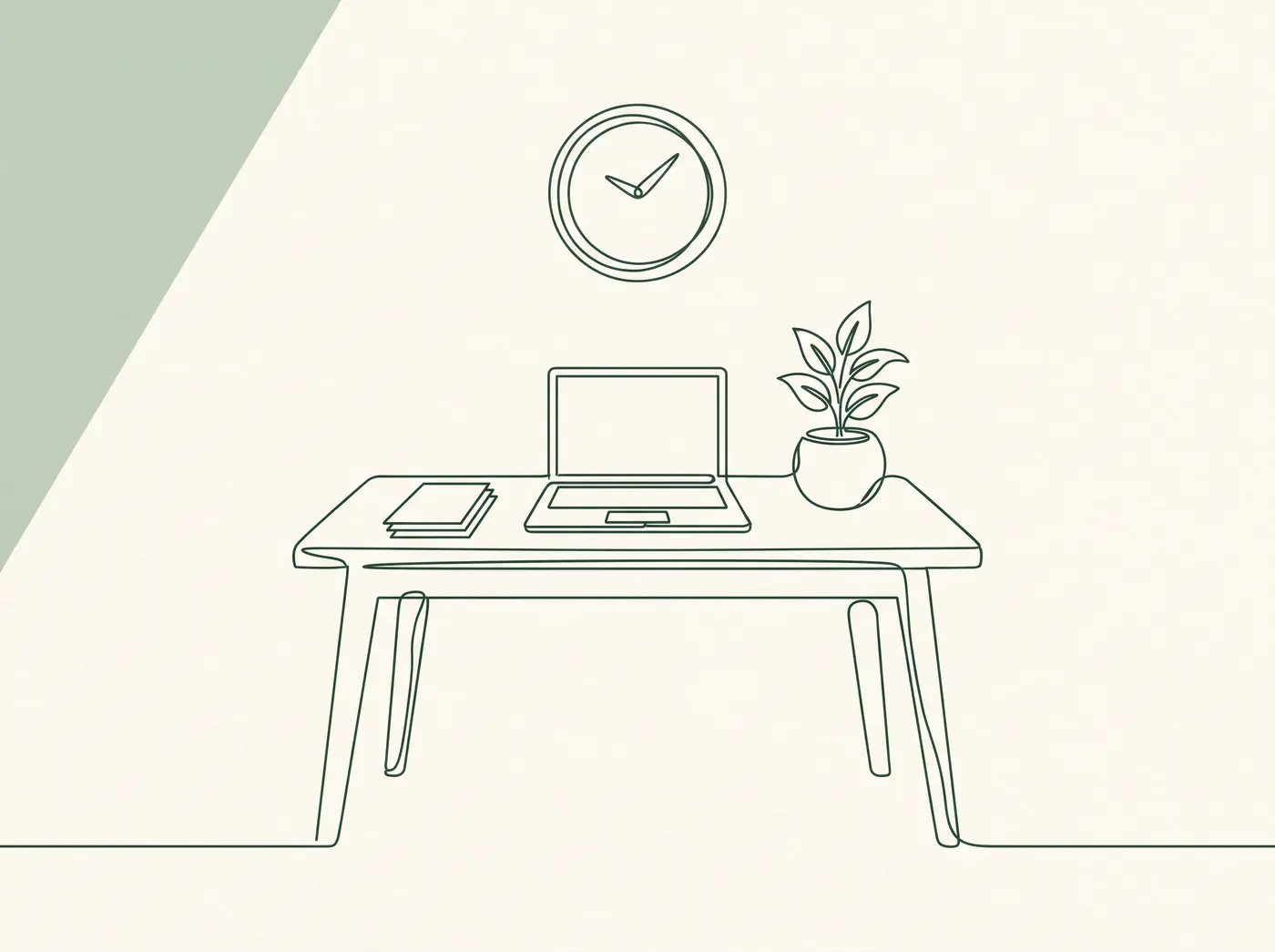 Illustration eines ruhigen, modernen Praxisarbeitsplatzes mit Laptop, Dokumenten und Pflanze